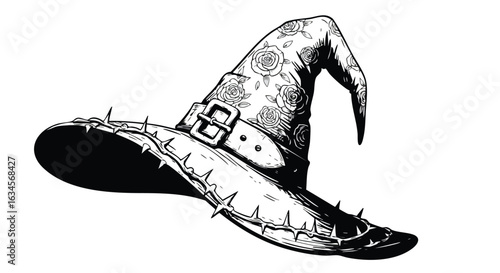 Vector Illustration of a Witch Hat with Floral Pattern in Vintage Style for Halloween or Fantasy Themes
