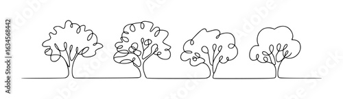 Minimalist line art illustration of four stylized trees black and white