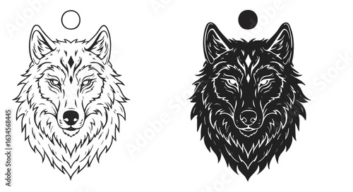 Vector Illustration of Wolf Head with Line Art Style in Monochrome Black and White for Logo and Branding
