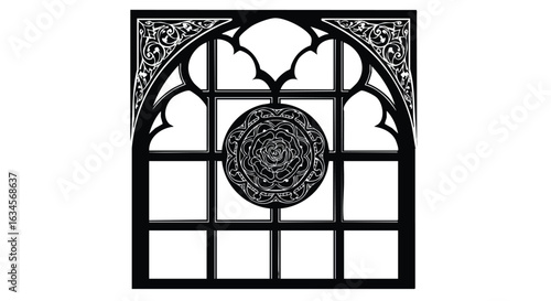 Decorative Gothic Window Vector Illustration with Floral Centerpiece and Ornate Details in Monochrome Style