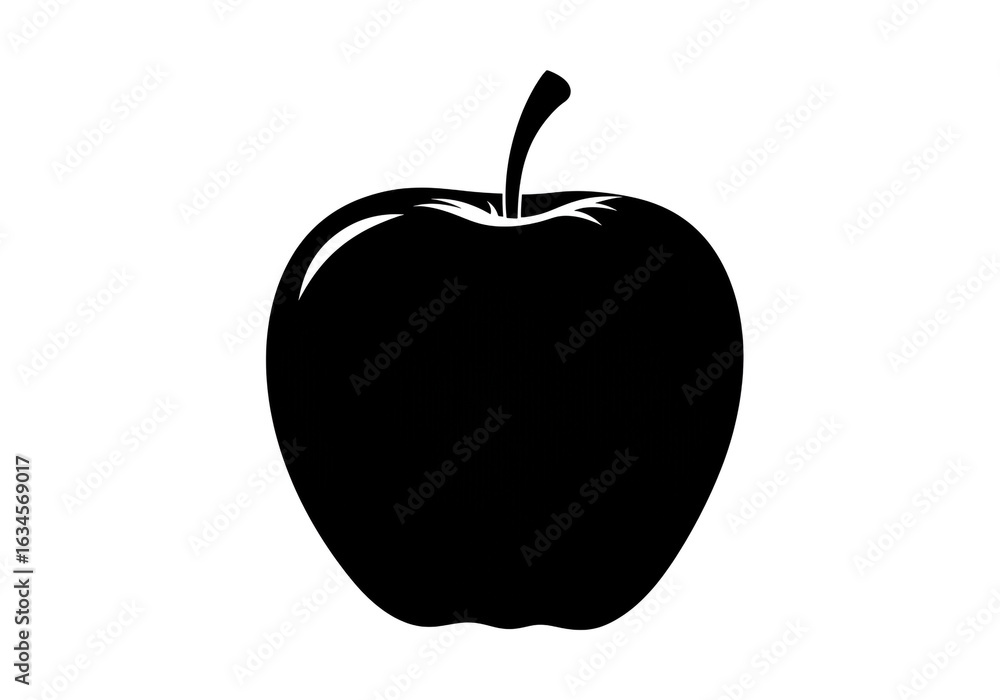 Fototapeta premium A simple black silhouette of an apple with a stem on a plain white background illustration view