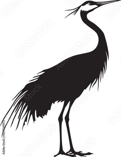 Crane vocalizing beak wide open, head tilted slightly upward, producing a loud call in a full-length silhouette.
