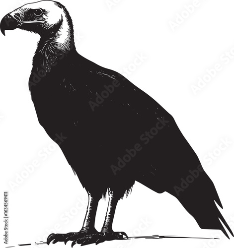 Vulture strolling moving deliberately, head held high, and wings slightly lifted in a black vector outline.