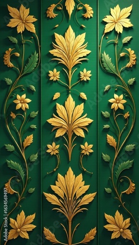 Green and gold Art Deco flower design; stylized blossoms, repeating motif, overhead shot , green, geometric, art deco