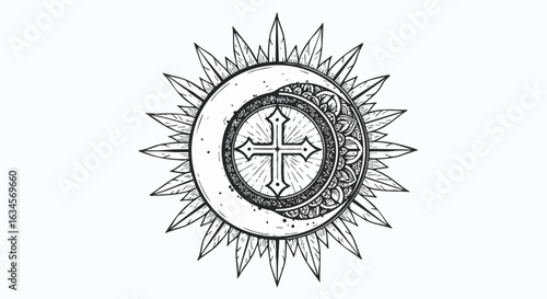 Vector Illustration of Celestial Sun and Moon with Cross Symbol in Modern Artistic Style