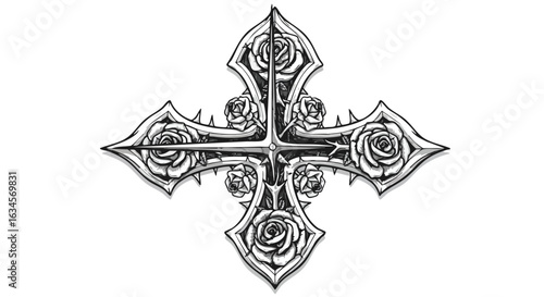 Vector Pattern with Ornamental Cross Design Featuring Roses in Vintage Style with Monochrome Black and White Colors