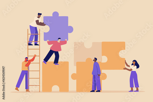 Diverse team collaborating to assemble a large puzzle