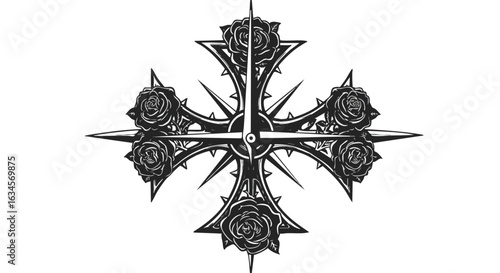 Vector Illustration of a Gothic Cross with Roses in Black and White for Tattoo Design or Dark Themed Branding