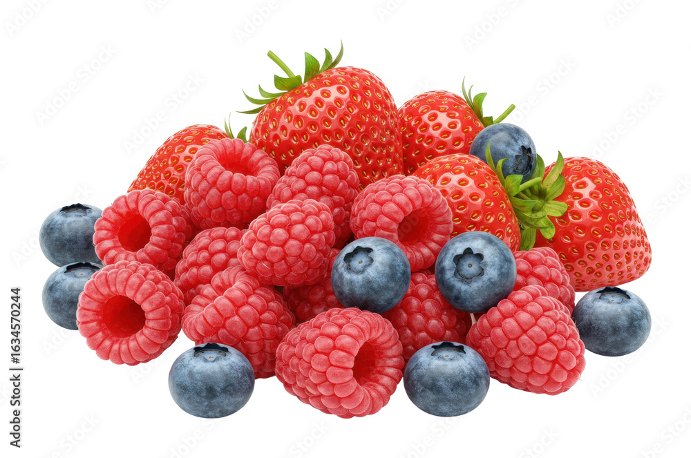 Fresh berries: strawberries, raspberries, and blueberries displayed on white. Cut out PNG Fresh berries: strawberries, raspberries, and blueberries displayed on white. Cut out PNG