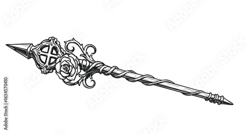 Vintage Ornate Staff Vector Illustration with Detailed Decorative Elements in Monochrome Style