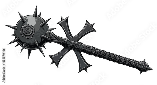 Vector Illustration of Medieval Mace Weapon with Spiked Ball and Crossed Blades in Dark Gothic Style
