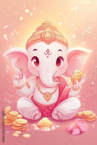 A cute and minimalist chibi-style depiction of Lord Ganesha with a soft pink theme. He has a small, round body with oversized expressive eyes and a joyful smile. His short, curled trunk and large, 