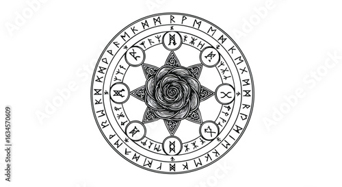 Vector Illustration of Magical Sigil with Rose and Runic Symbols in Dark Mystical Style