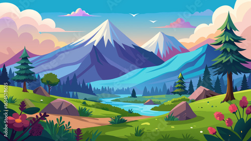 Vector art of serene mountain vista at sunset with snowcapped peaks, a gentle river, rolling green hills, trees, and blooming flowers