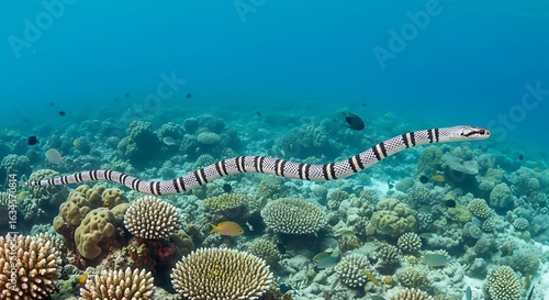 Fototapeta Naklejka Na Ścianę i Meble -  Venomous sea snake swims amidst vibrant coral reef.