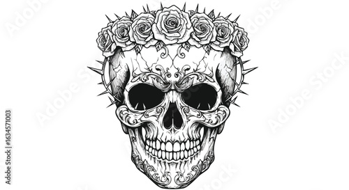 Vector Illustration of Skull with Floral Crown in Gothic Style for Tattoo Design and Dark Artistic Themes