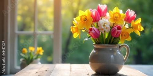 A vibrant spring bunch of tulips, daffodils, and hyacinths in a rustic ceramic vase, bathed in soft sunlight Perfect for spring themes, Easter, Mother's Day, and floral arrangements , white, purple