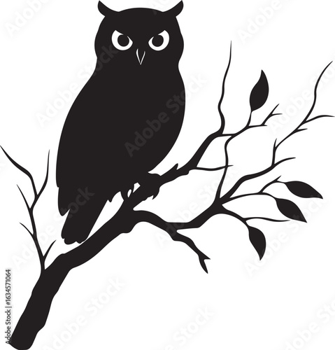 Owl Perching Sitting on a branch or tree trunk with body upright head turned. full length silhouette black vector illustration