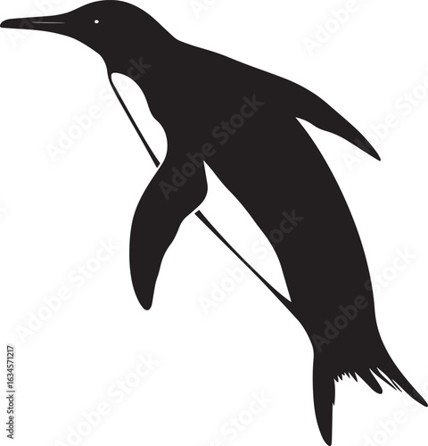 Penguin Diving Body angled downward with wings extended and tail tucked in. full length silhouette black vector illustration