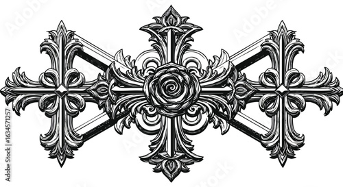 Ornamental Vector Design with Floral and Cross Elements in Vintage Style Black and White