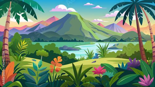 Vector art of lush tropical scenery featuring a prominent green mountain, dense jungle, a winding river, and colorful flora under a clear sky with fluffy clouds