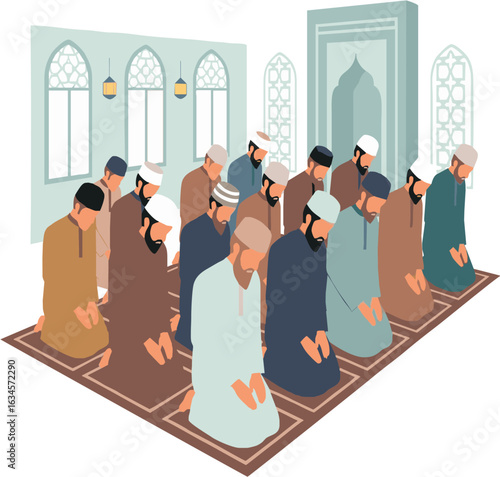 08082025_Congregational Prayer in a Mosque
An illustration depicting a group of Muslim men performing a congregational prayer inside a mosque.