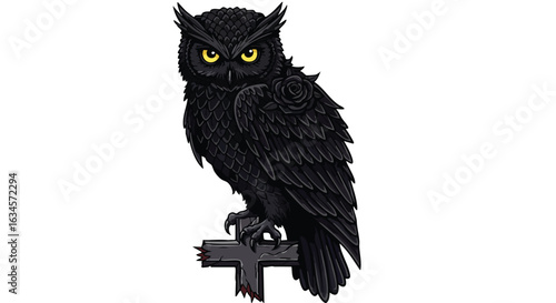 Vector Illustration of Dark Owl with Yellow Eyes and Rose Detail in Gothic Style for Tattoo Design