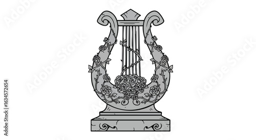 Vintage Lyre Vector Illustration with Floral Ornamentation in Classic Style for Decorative and Artistic Applications