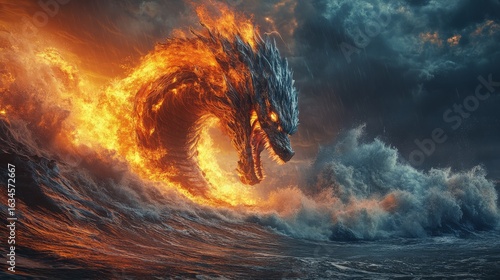 A cinematic ultra-realistic landscape photograph capturing a colossal tsunami wave crashing, engulfing a massive fire-breathing dragon partially emerging from the translucent water. 