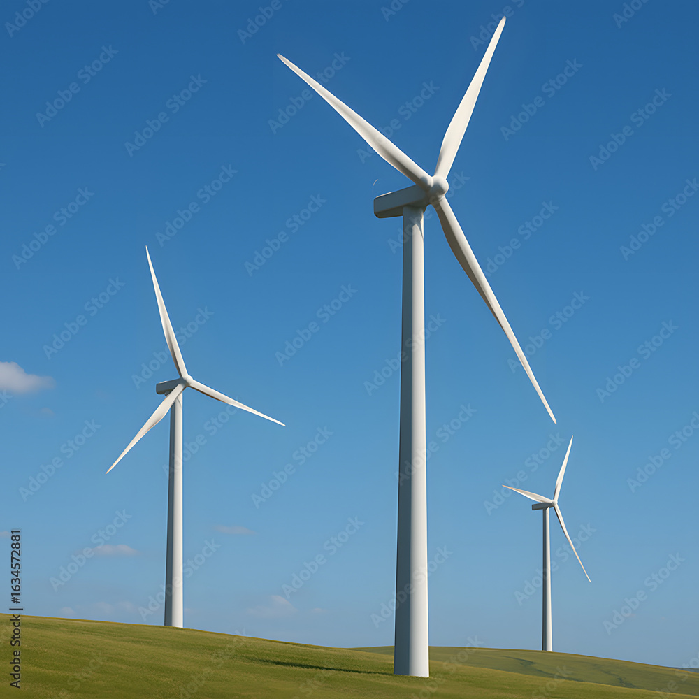 Fototapeta premium Wind turbines generating renewable energy on green grassy hills under clear blue sky, sustainable clean electricity production, modern wind power farm with tall white blades rotating in countryside la