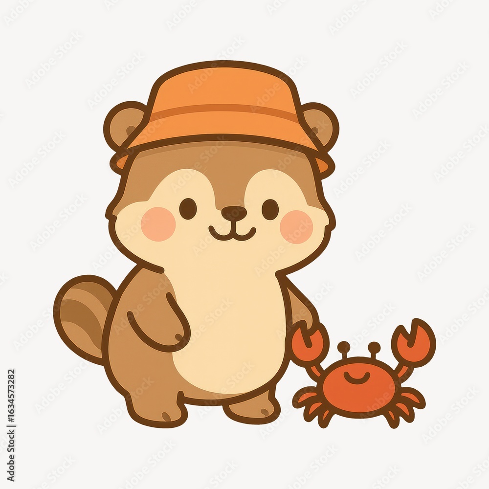 Obraz premium Cute raccoon and crab friends
