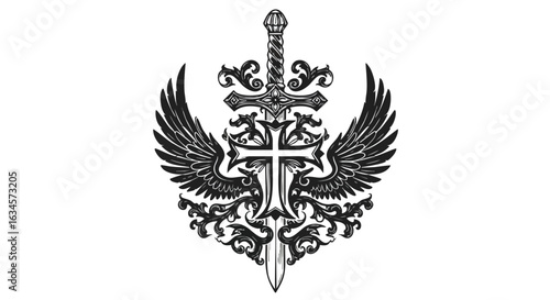Vector Illustration of Gothic Cross Embedded with Sword and Winged Emblem in Dark Ornamental Style
