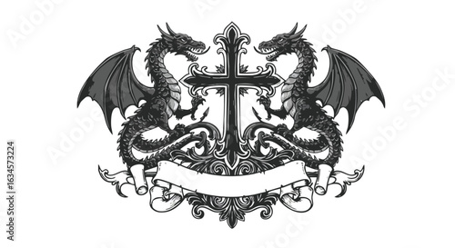 Vector Gothic Emblem with Dragons Cross and Ornamental Flourishes in Monochrome Style