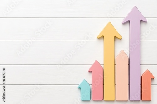 A chart with an upward arrow on a white background, symbolizing growth and increase in sales and data., solid color background 