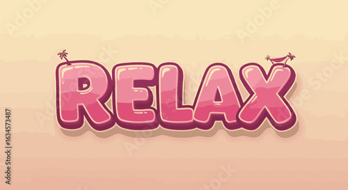 Relax word in a bubbly pink glossy font. Cute cartoon alphabet lettering text effect for graphic design.