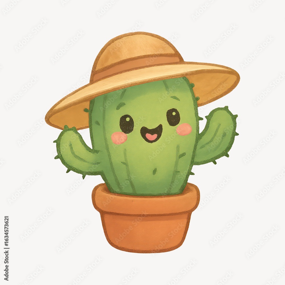 Fototapeta premium Cute cactus wearing straw hat.