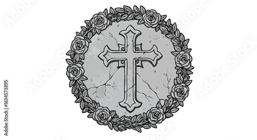 Vector Illustration of Cross Enclosed by Rose Wreath in Vintage Style for Religious Artistic Design
