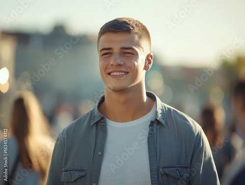 A 20 year old male, he is walking with a smile on his face, he is confident and energetic, he is wearing a gray shirt and a white t-shirt, 