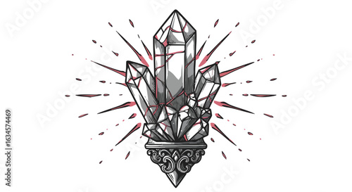 Vector Illustration of Crystals with Ornamental Base in Modern Minimalist Style Featuring Grey and Red Tones