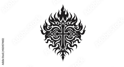 Vector Illustration of Flame Design with Cross Central Element in Gothic Style Black Color
