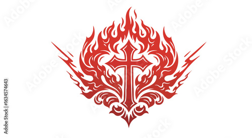 Vector Illustration of Cross Embedded in Fire Flames with Gothic Style in Red Color