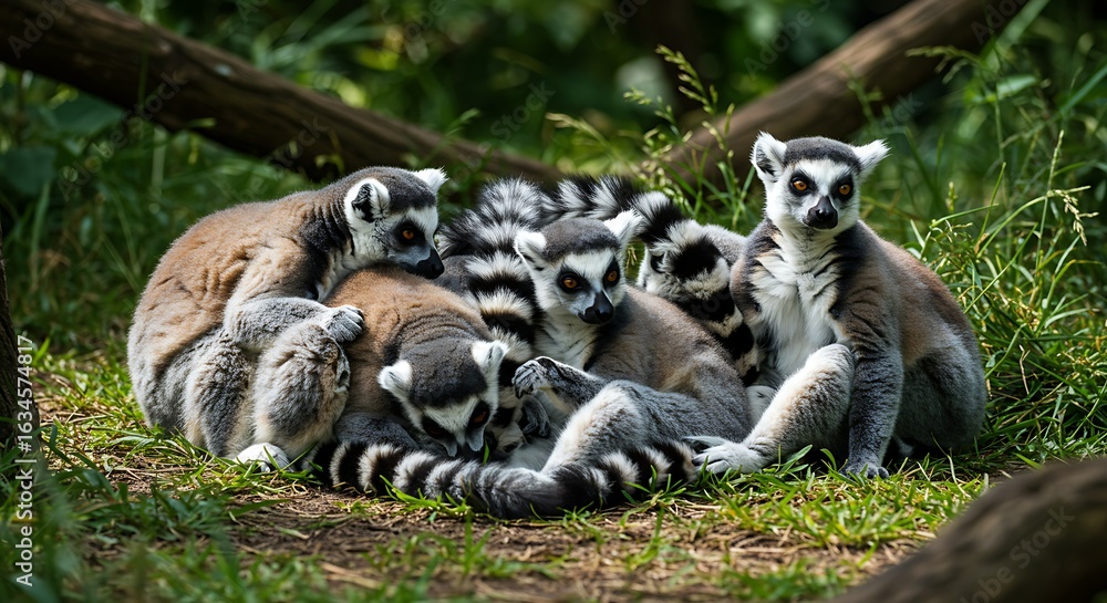 Fototapeta premium A Social Troop of Ring-Tailed Lemurs Huddled Together in a Sunlit Clearing