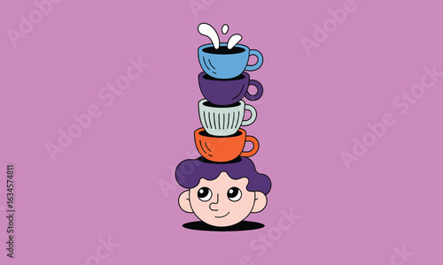 Funny and whimsical illustration of a person's head with a tall stack of coffee cups, one overflowing with a splash of milk. Concept for energy and coffee addiction.

