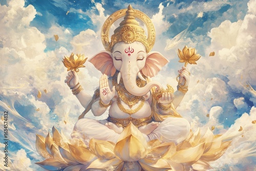 Lord Ganesha sits on a lotus floating in the sky.