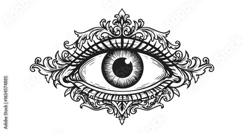 Decorative Vector Illustration of an Ornate Eye with Baroque Style Flourishes in Black and White