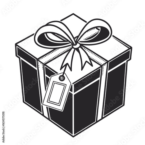 Classic line art illustration of a gift box with a ribbon and tag. Black and white vector graphic.