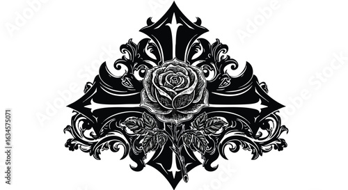 Ornamental Vector Pattern with Rose Floral Element in Vintage Style with Intricate Swirls and Flourishes in Black and White