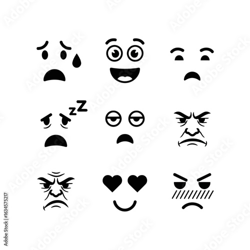 Vector art of collection of nine cartoon faces showing different emotions and expressions, isolated on white background