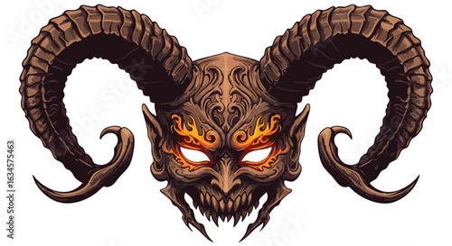 Vector Illustration of Demonic Skull with Curved Horns in Dark Fantasy Style with Fiery Orange Accents