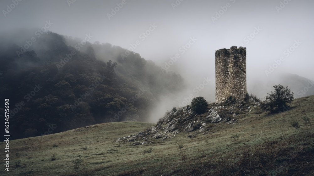 Misty Landscape with Ancient Tower Surrounded by Fog and Hills Misty Landscape with Ancient Tower Surrounded by Fog and Hills